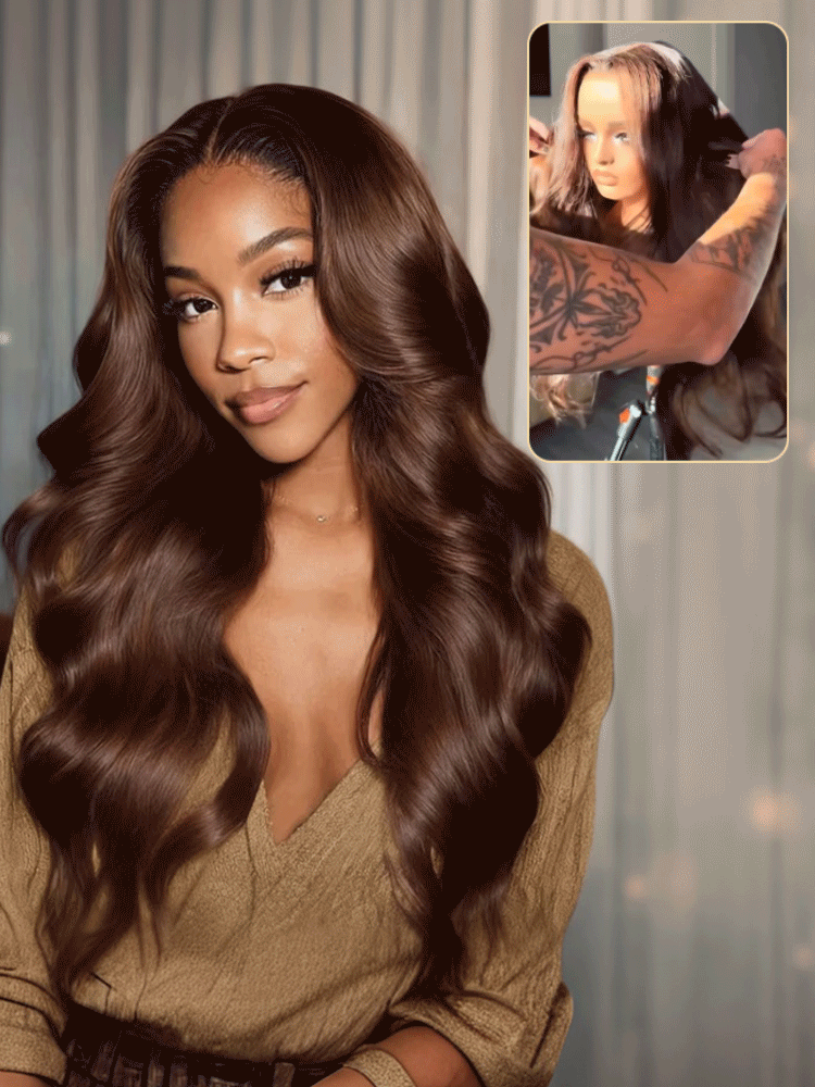 Vera Chocolate Brown Bleached Knots Glueless 13x6 Body Wave Straight Lace Front Human Hair Wigs Pre Plucked with Drawstring