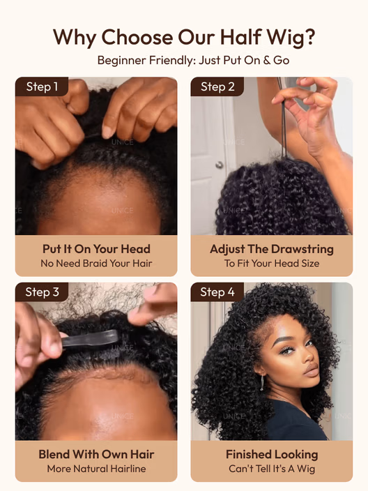 Anna 3 IN 1 Kinky Curly Half Wig Glueless Wig Beginner Friendly with Draw-strings Flip Over Wigs