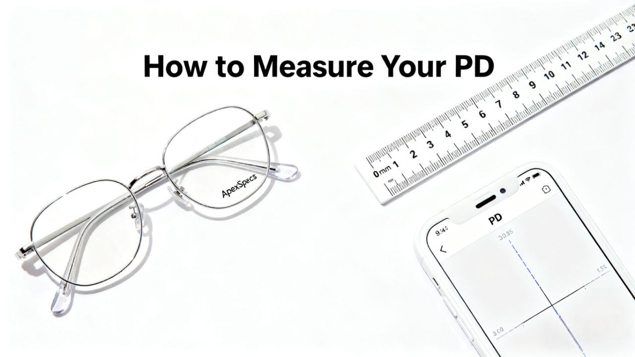 A person measuring their Pupillary Distance with a ruler for ApexSpecs glasses