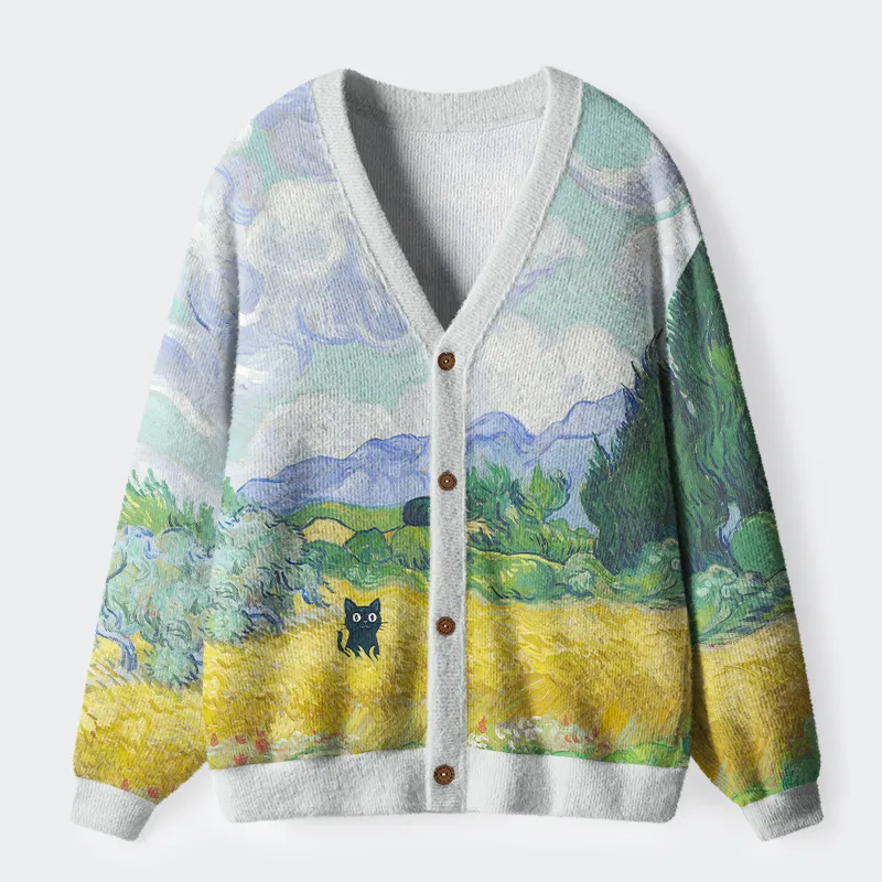 Tokyo-Tiger Black Cat In The Wheat Field Ugly Cardigan Sweater