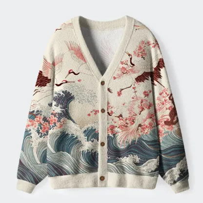 Tokyo-Tiger Cranes Dancing On The Waves Ugly Cardigan Sweater