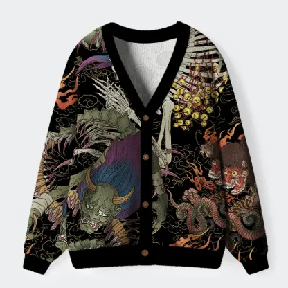 Tokyo-Tiger Japanese Yokai And Skeletons Ugly Cardigan Sweater