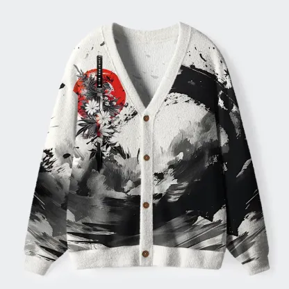 Tokyo-Tiger Ink Wave Ugly Cardigan Sweater