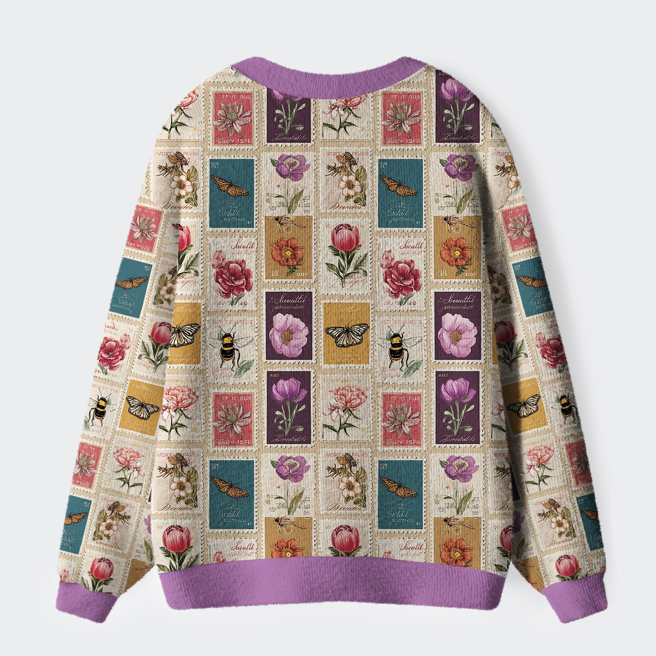 Tokyo-Tiger Vintage Floral Stamp Collage Ugly Cardigan Sweater