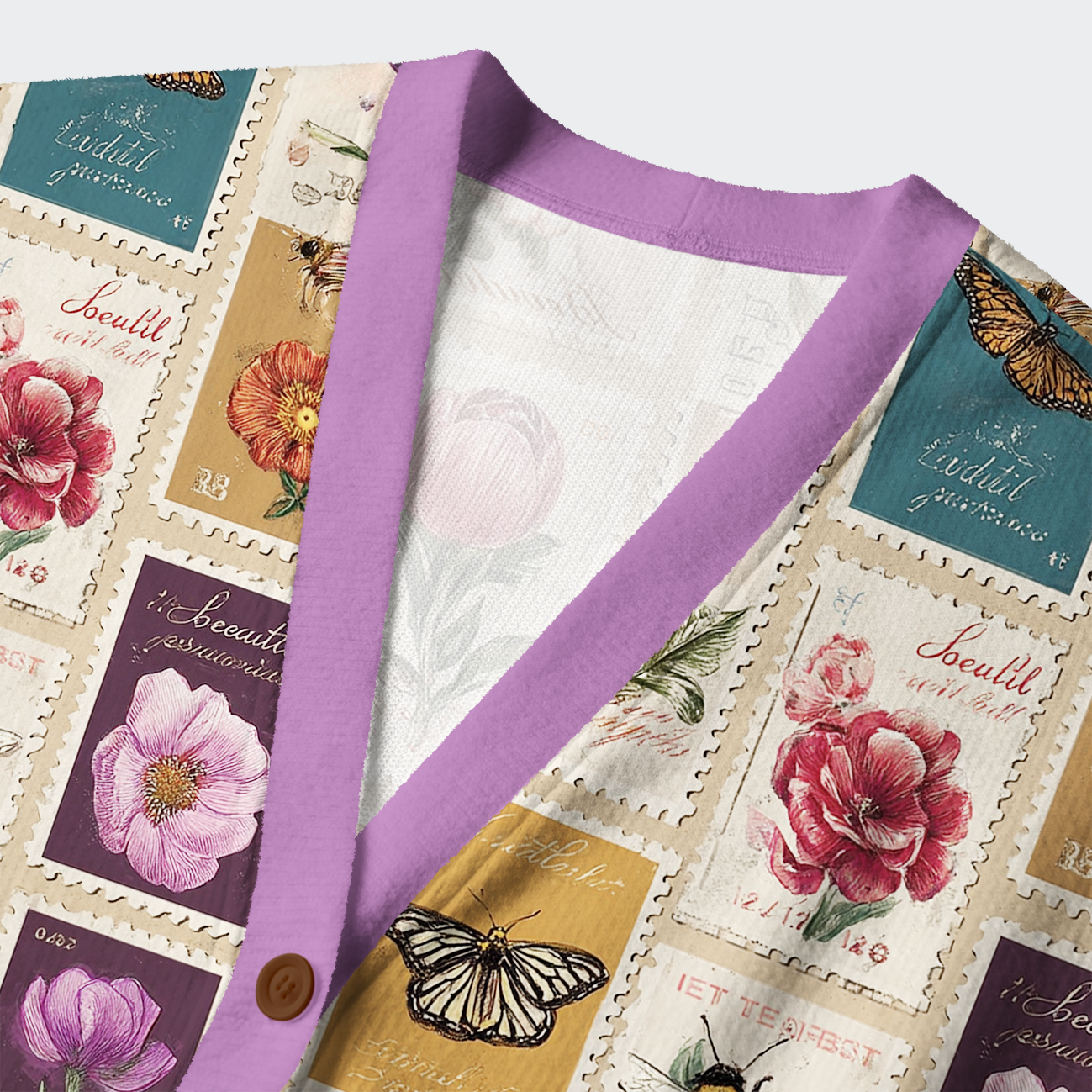 Tokyo-Tiger Vintage Floral Stamp Collage Ugly Cardigan Sweater