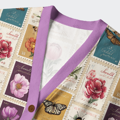 Tokyo-Tiger Vintage Floral Stamp Collage Ugly Cardigan Sweater