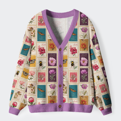 Tokyo-Tiger Vintage Floral Stamp Collage Ugly Cardigan Sweater