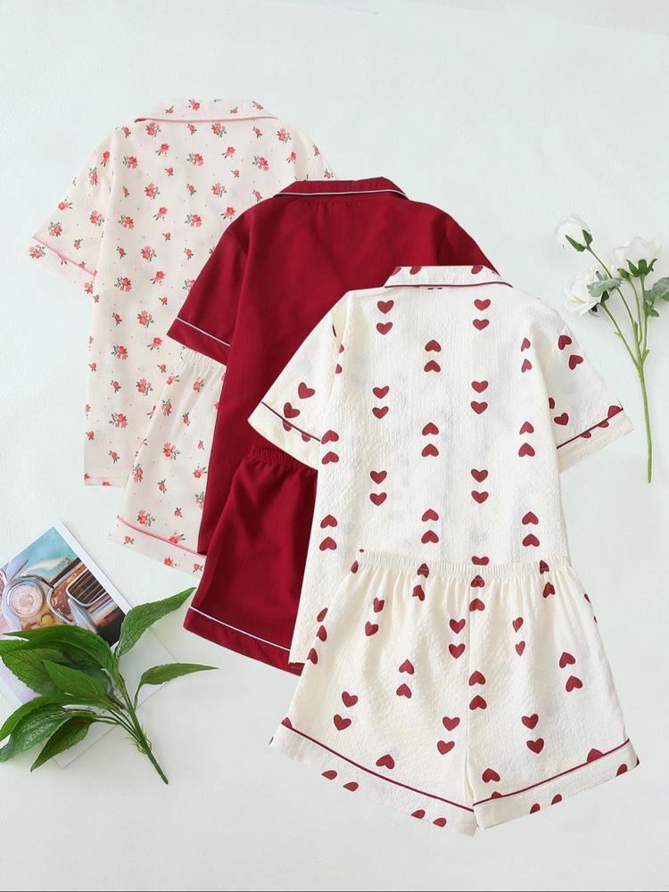 Romantic Heart Floral Pajama Set for Girls, Cute Short Sleeve Top & Shorts, Comfortable All-Season Home Wear, Soft Casual Pajamas, 6-Piece Casual
