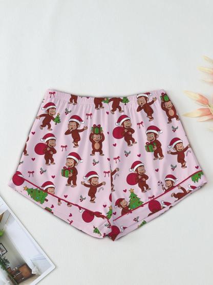 Christmas Cute Monkey Pajama Set, Comfortable Sleepwear for All Seasons, Fitted Cartoon Pattern Nightgown Gift,curious monkey