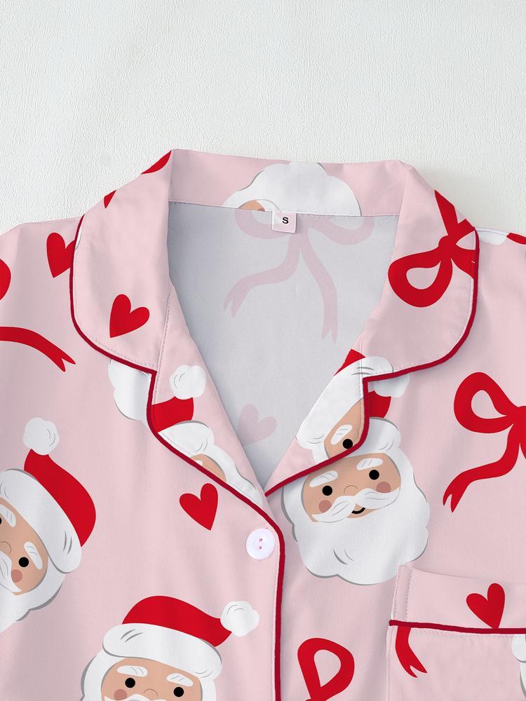 【Christmas Pajamas】Women's Christmas Pajama Set, Cute Santa Claus Bowknot Comfortable Sleepwear, Long Sleeve Top & Pants Two-Piece, Loungewear