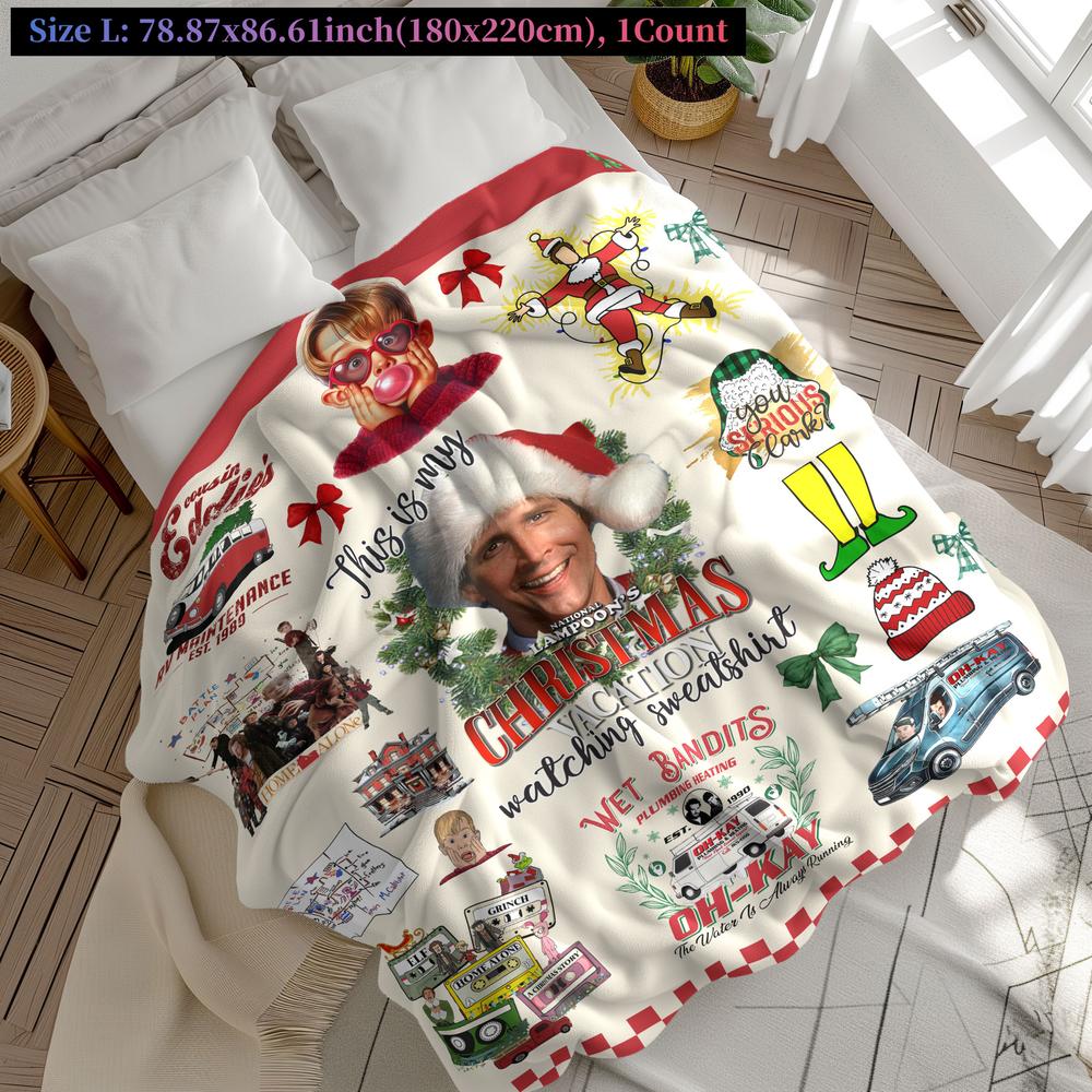 Christmas fleece blanket featuring Home Alone and Christmas Vacation designs with festive movie elements. Cozy, soft, and warm, perfect for holiday décor, bedroom, living room, or office naps. Adds fun and nostalgic Christmas spirit.