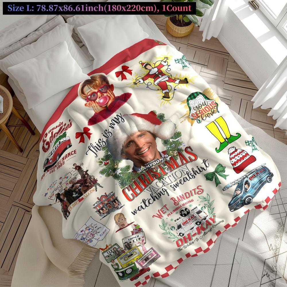 Christmas fleece blanket featuring Home Alone and Christmas Vacation designs with festive movie elements. Cozy, soft, and warm, perfect for holiday décor, bedroom, living room, or office naps. Adds fun and nostalgic Christmas spirit.