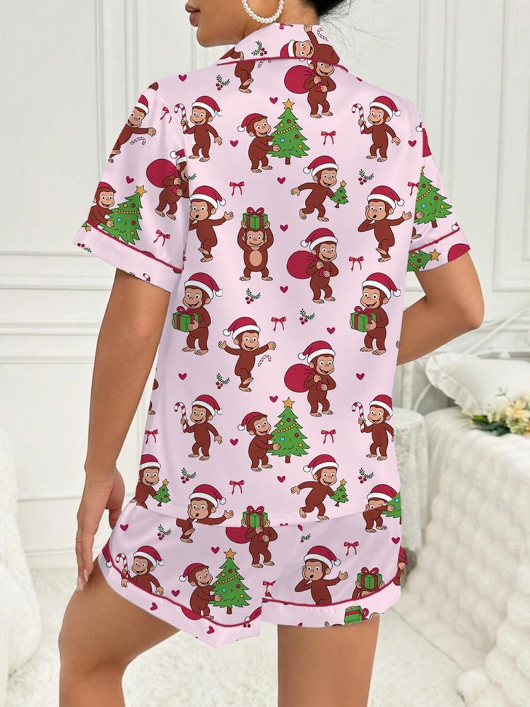 Christmas Cute Monkey Pajama Set, Comfortable Sleepwear for All Seasons, Fitted Cartoon Pattern Nightgown Gift,curious monkey