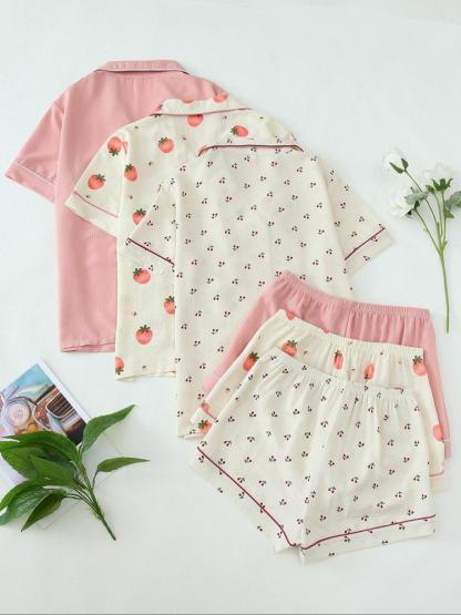 Women's Heart/All Over Fruit Print Contrast Binding Pyjama Set, Short Sleeve Lapel Neck Button Up Top & Elastic Waist Shorts PJ Set, Casual Comfy Loungewear Set for Women
