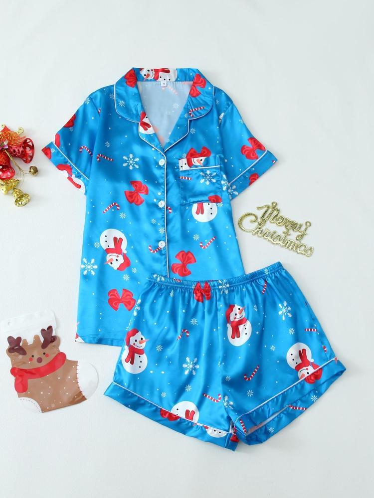 Two-Piece Set Women's Christmas Print Lapel Neck Pocket Shirt & Elastic Waist Shorts Pajama, Casual Comfy Short Sleeve Button Up Top & Shorts PJ Set, Ladies Sleepwear for All Seasons, Loungewear