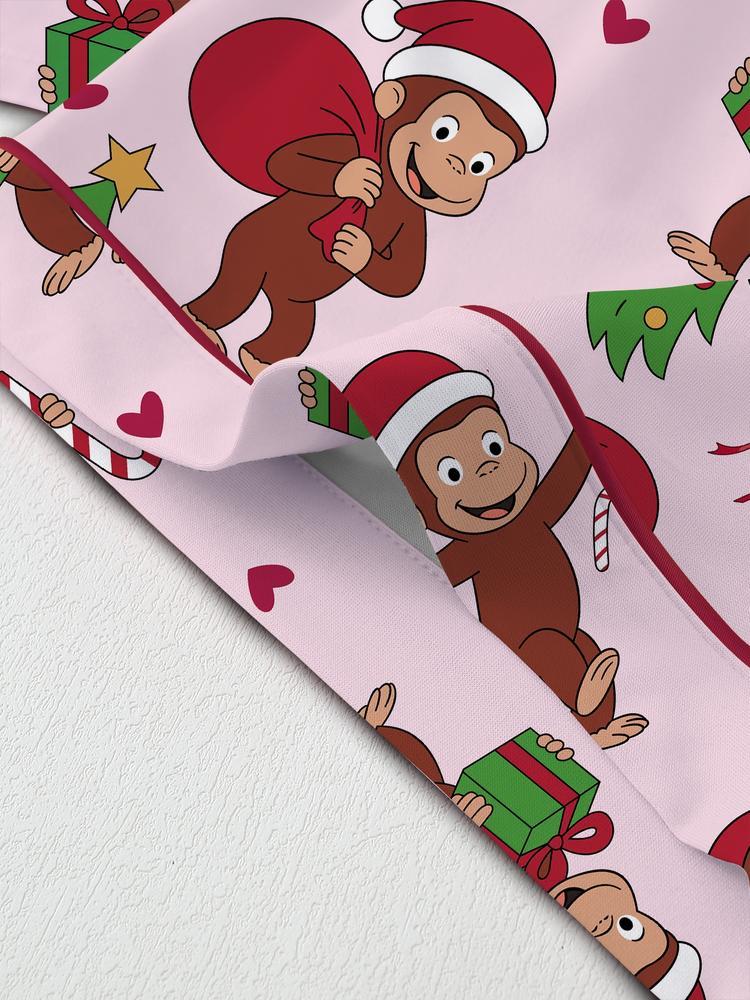 Christmas Cute Monkey Pajama Set, Comfortable Sleepwear for All Seasons, Fitted Cartoon Pattern Nightgown Gift,curious monkey