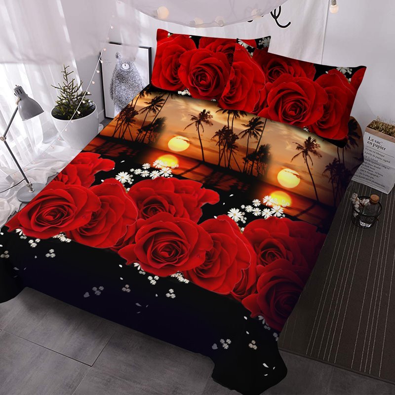 3D Romantic Red Roses and Palm Tree 3Pcs Comforter Set 3D Floral Comfo