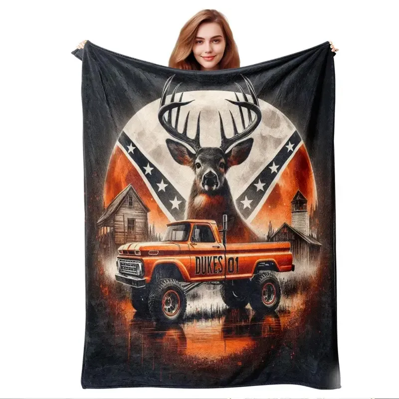 Truck & Deer Pattern Throw Blanket – Soft, Warm & Cozy for Home and Office