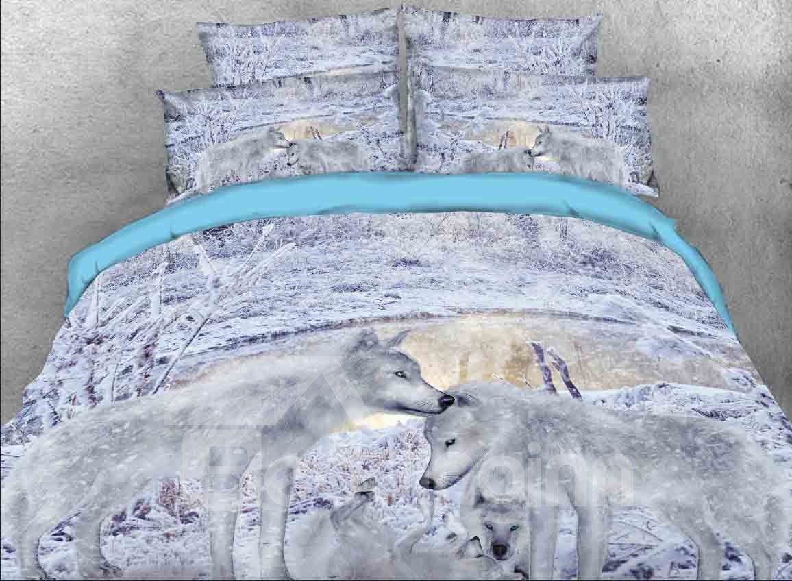 3D Snow Wolf Family Printed 4-Piece Duvet Cover Set Animal Print Beddi