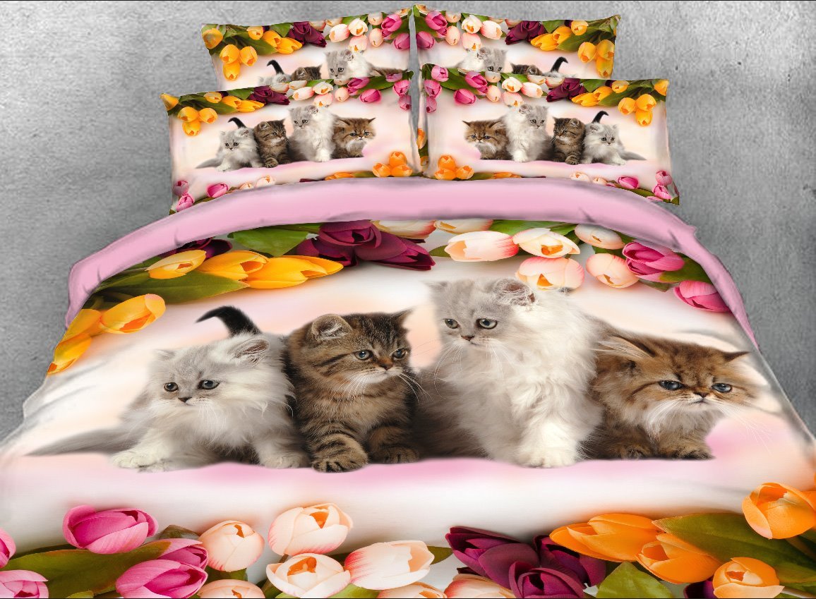 Kittens and Colorful Tulips Cat 3D 4-Piece Animal Print Bedding Set/Du
