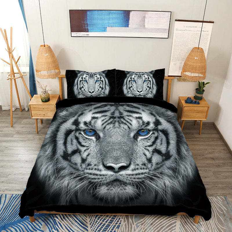 Blue Eyed Tiger Face Printed 4-Piece Duvet Cover Set, Animal Tiger The