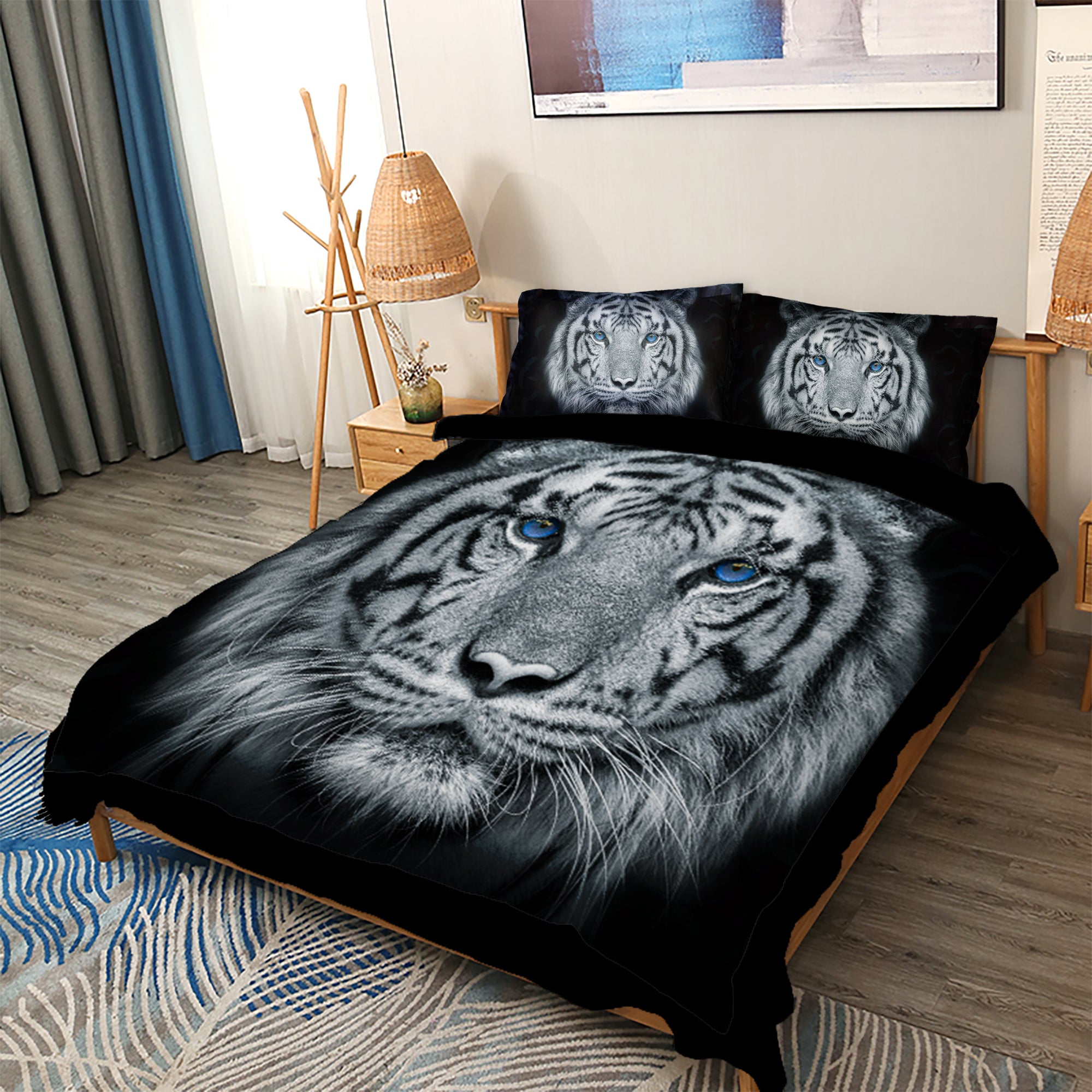 Blue Eyed Tiger Face Printed 4-Piece Duvet Cover Set, Animal Tiger Themed Bedding Set