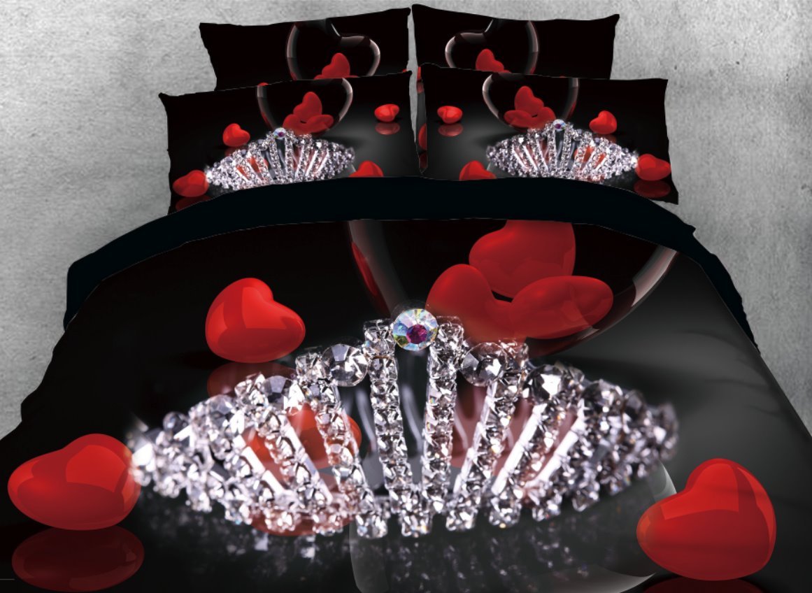 3D Diamonds Crown and Red Heart Printed 4-Piece Bedding Set/Duvet Cove