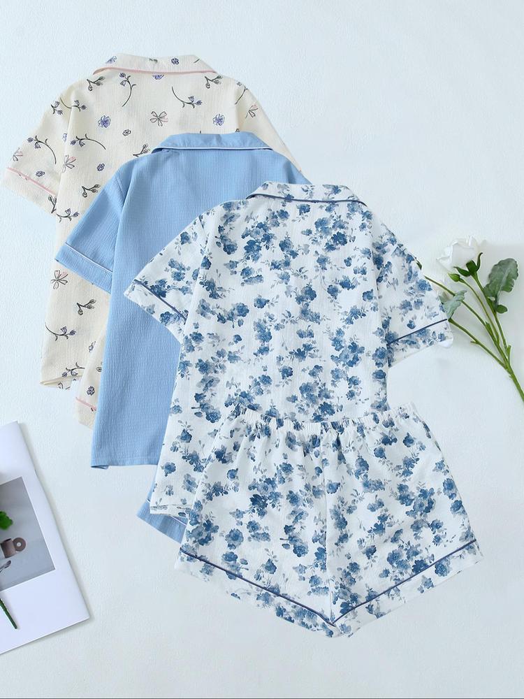 Romantic Sky Blue All over Print Pajama Set, Cute Girl Casual Home Wear Shirt & Elastic Waist Shorts Sleepwear, Summer Nightwear