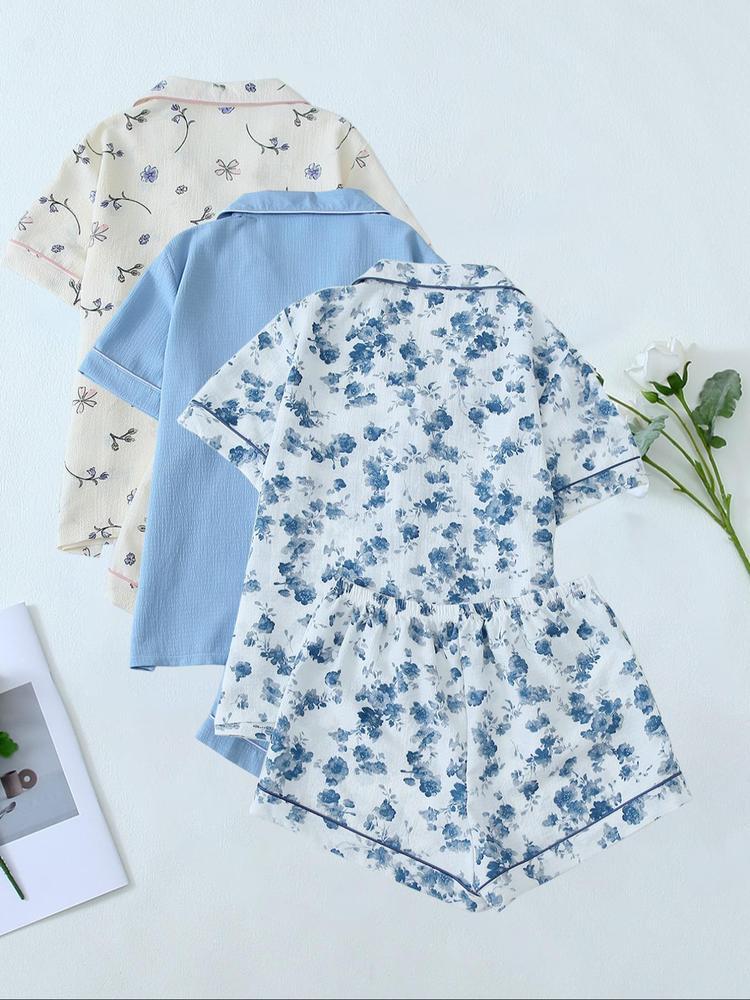 Romantic Sky Blue All over Print Pajama Set, Cute Girl Casual Home Wear Shirt & Elastic Waist Shorts Sleepwear, Summer Nightwear