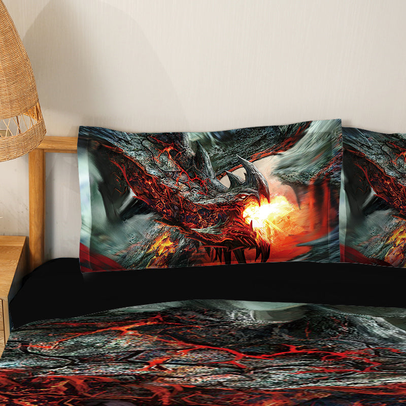 Fire Dragon Spouting Fire Print 4-Piece Duvet Cover Set with Flat Sheet 2 Pillowcases