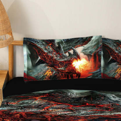 Fire Dragon Spouting Fire Print 4-Piece Duvet Cover Set with Flat Sheet 2 Pillowcases