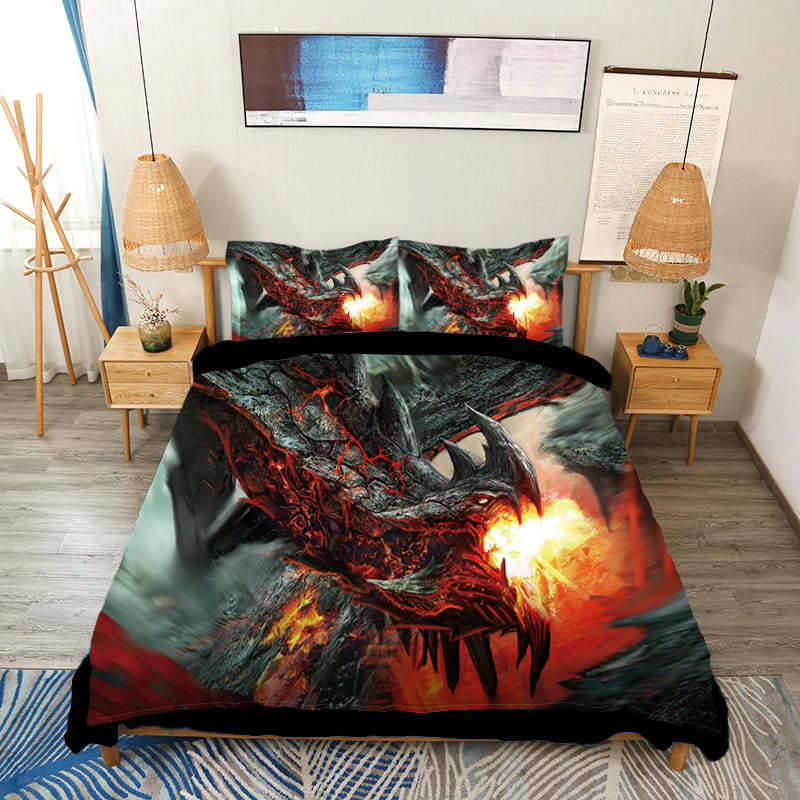 Fire Dragon Spouting Fire Print 4-Piece Duvet Cover Set with Flat Shee