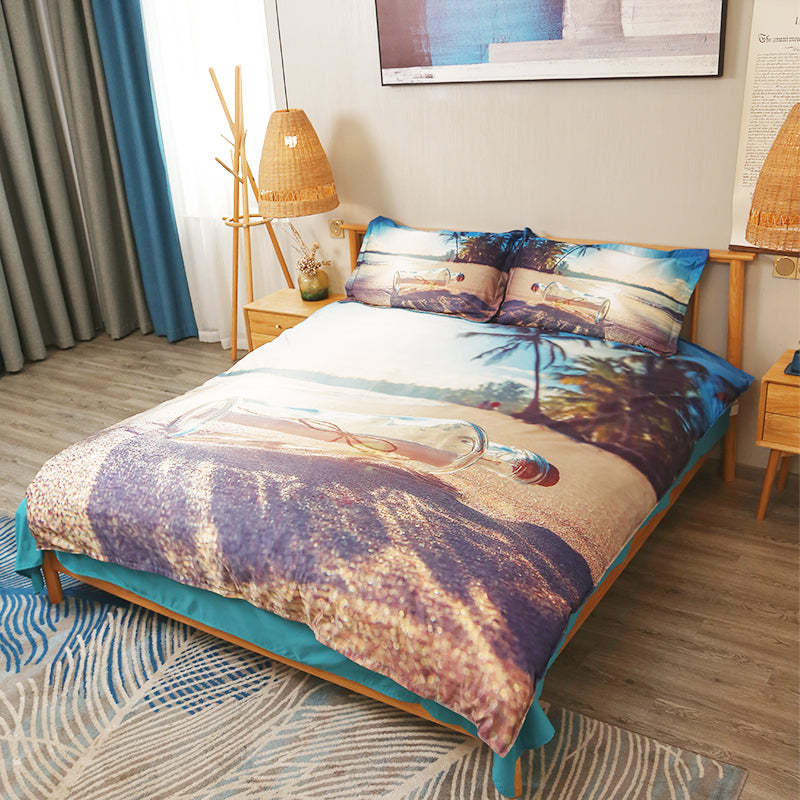 Beach Bedding Set, Drift Message Bottle on Sand Printed 4-Piece Duvet Cover Set Microfiber with Flat Sheet 2 Pillowcases