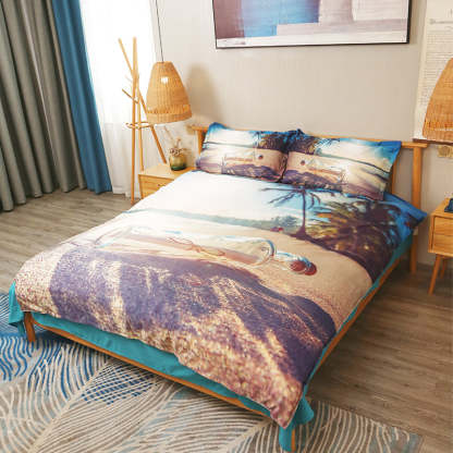 Beach Bedding Set, Drift Message Bottle on Sand Printed 4-Piece Duvet Cover Set Microfiber with Flat Sheet 2 Pillowcases