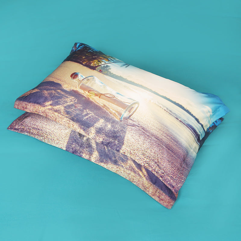 Beach Bedding Set, Drift Message Bottle on Sand Printed 4-Piece Duvet Cover Set Microfiber with Flat Sheet 2 Pillowcases