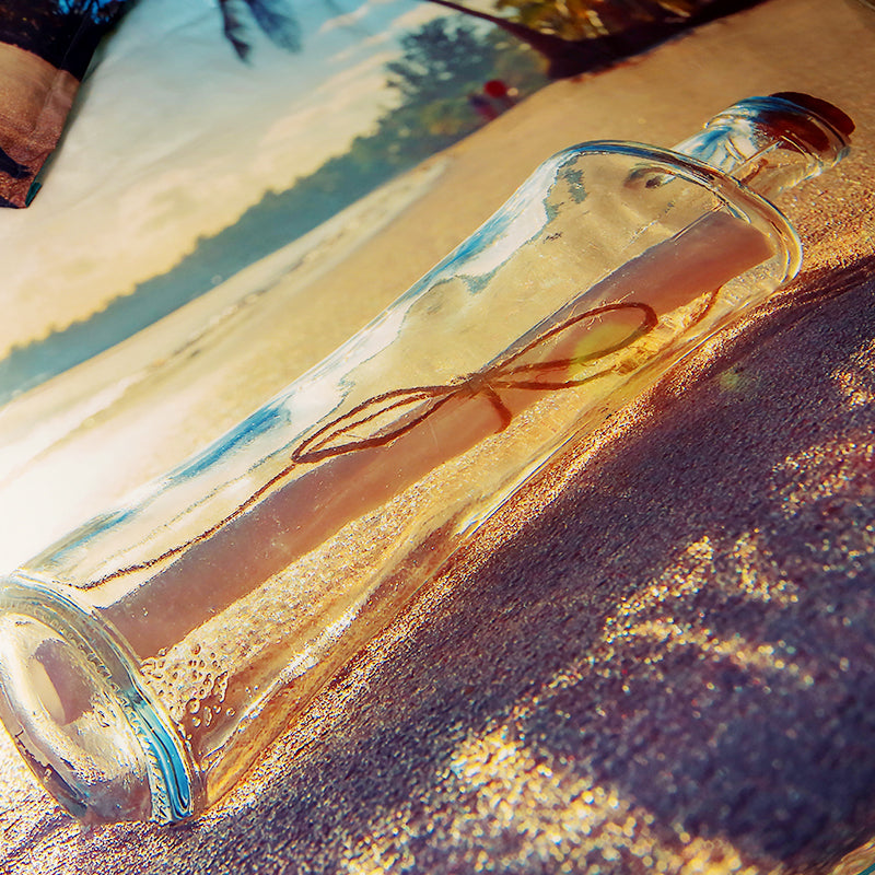 Beach Bedding Set, Drift Message Bottle on Sand Printed 4-Piece Duvet Cover Set Microfiber with Flat Sheet 2 Pillowcases