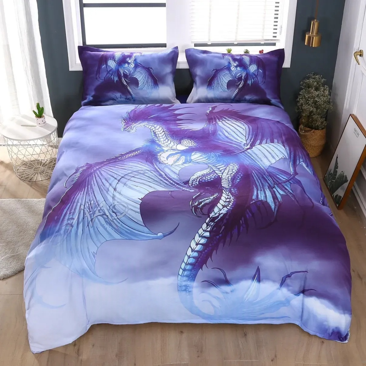 3D Flying Dragon Spread the Wings in Sky 3-Piece Breeze Comforter Set/
