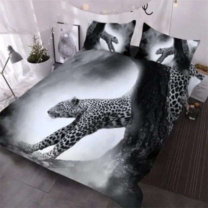 3D Leopard In The Mist Printed 3-Piece Comforter Set Black-and-white Color Bedding Set