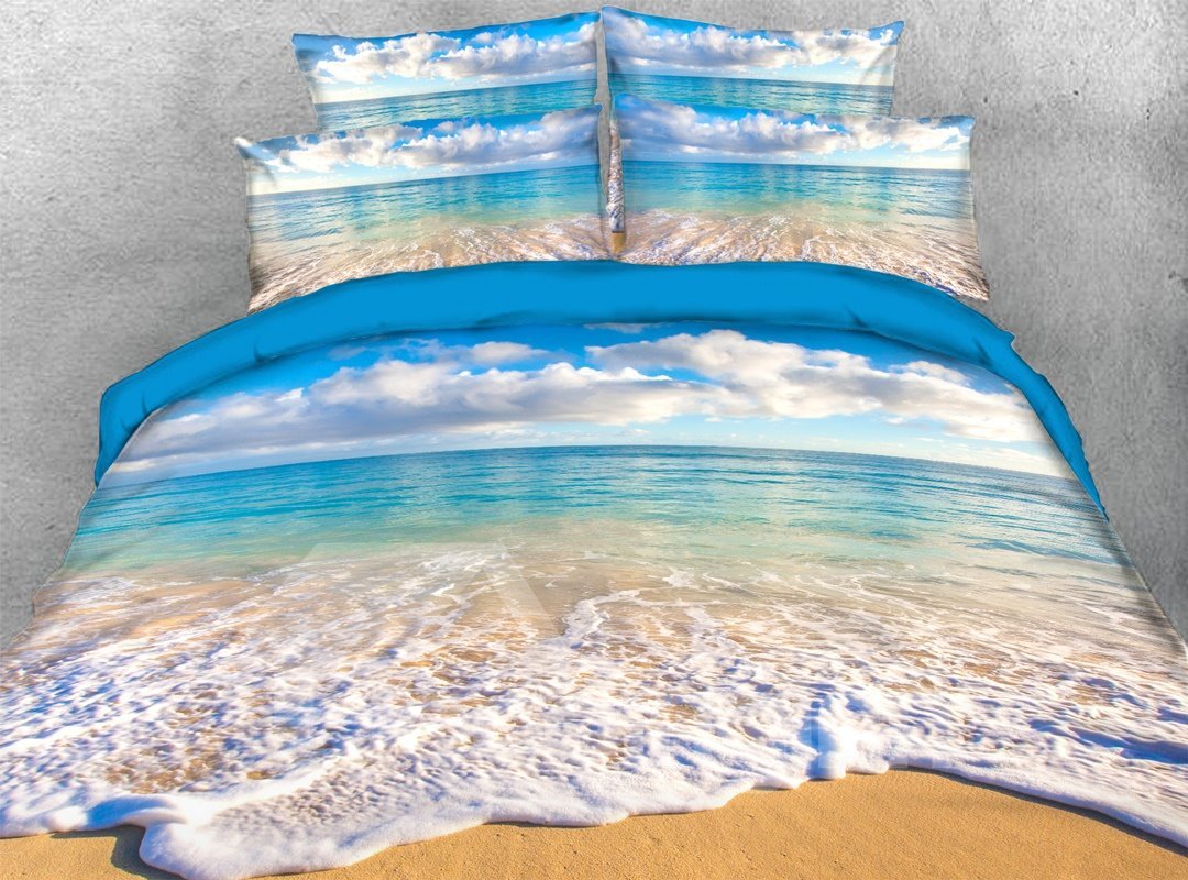 3D Calm Beach Under The White Clouds 4-Piece Sea Scenery Duvet Cover S