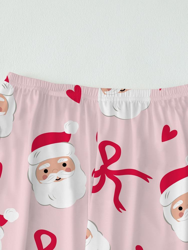 【Christmas Pajamas】Women's Christmas Pajama Set, Cute Santa Claus Bowknot Comfortable Sleepwear, Long Sleeve Top & Pants Two-Piece, Loungewear