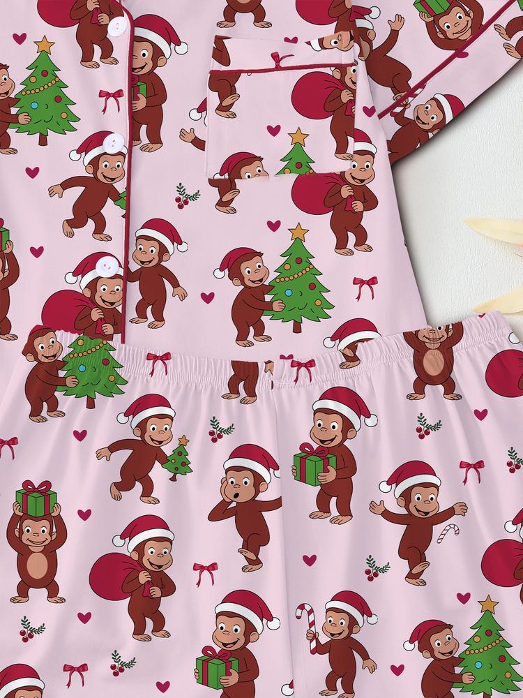 Christmas Cute Monkey Pajama Set, Comfortable Sleepwear for All Seasons, Fitted Cartoon Pattern Nightgown Gift,curious monkey