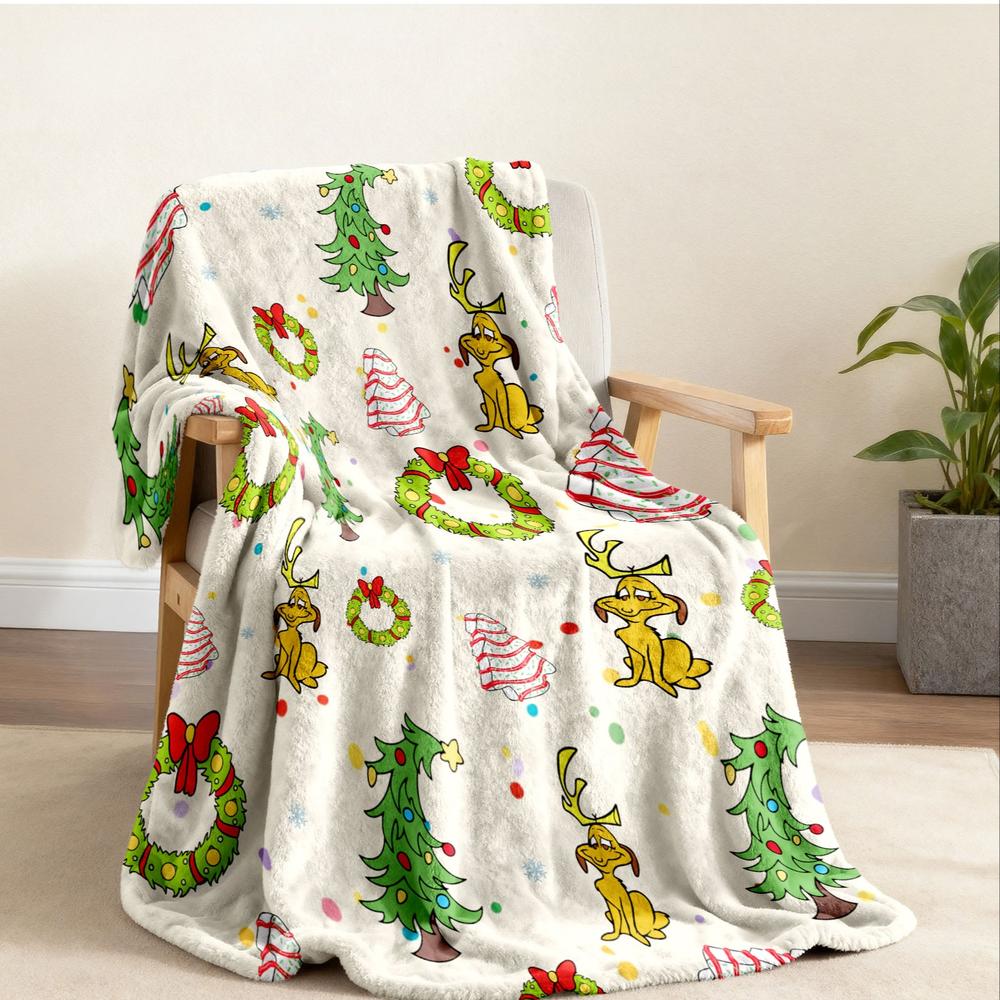 Grinch Max Christmas Flannel Blanket, Trees & Wreaths Design, Background, Soft Warm Festive Throw for Sofa Bed Holiday Decor