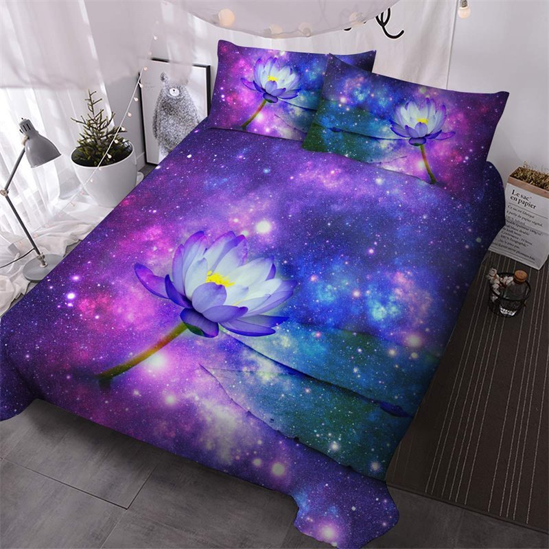3D Printed Lotus Galaxy Comforter Set 3 Piece Purple Bedding Ultra-sof