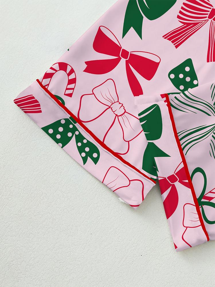 Women's Christmas Pajama Set, & Bow Design, Fitted Long Sleeve Top & Pants, Fall Winter Comfortable Sleepwear