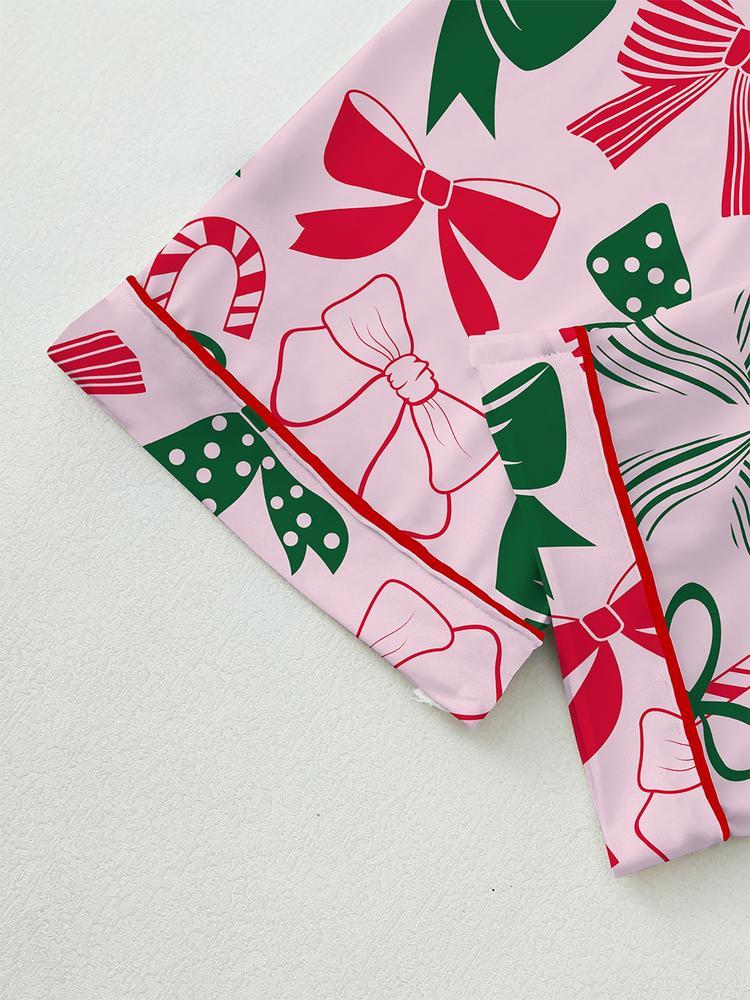 Women's Christmas Pajama Set, & Bow Design, Fitted Long Sleeve Top & Pants, Fall Winter Comfortable Sleepwear