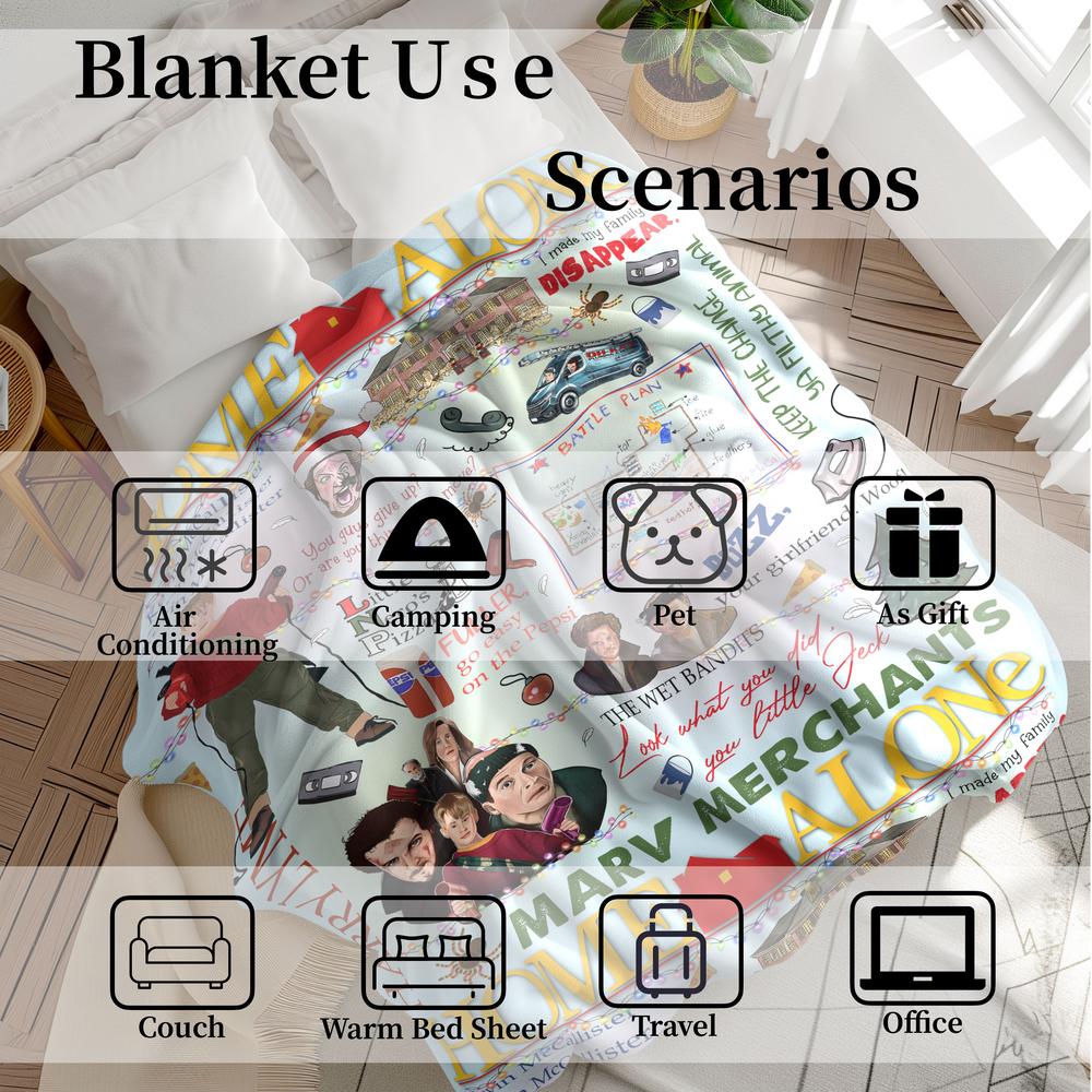 Home Alone themed Christmas blanket featuring Kevin, Wet Bandits, pizza, battle plan, and iconic quotes. Cozy, soft, and festive, perfect for holiday décor, movie nights, or as a fun Christmas gift for family, friends, and fans of the classic film.