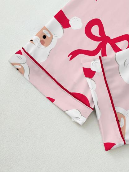 【Christmas Pajamas】Women's Christmas Pajama Set, Cute Santa Claus Bowknot Comfortable Sleepwear, Long Sleeve Top & Pants Two-Piece, Loungewear