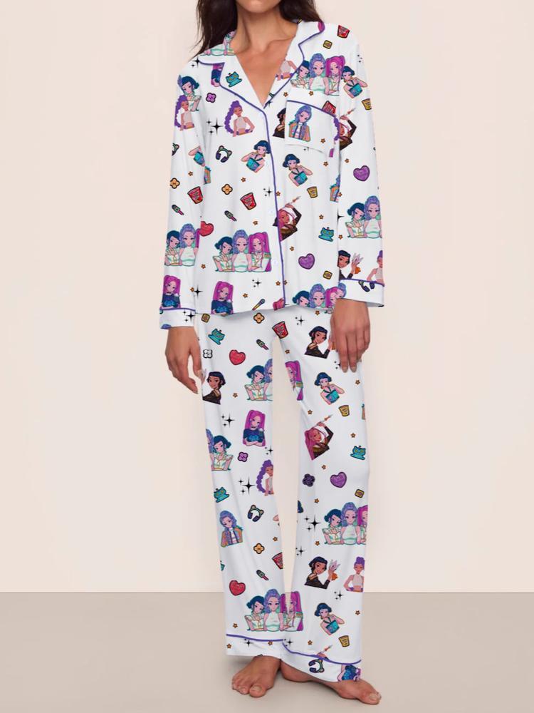 Women's Kpop Demon Hunter Tiger Sleepwear Set, Long Sleeve Button-up Top & Pants, Casual Home Wear, Netflix Fan Gift, Loungewear