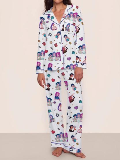 Women's Kpop Demon Hunter Tiger Sleepwear Set, Long Sleeve Button-up Top & Pants, Casual Home Wear, Netflix Fan Gift, Loungewear