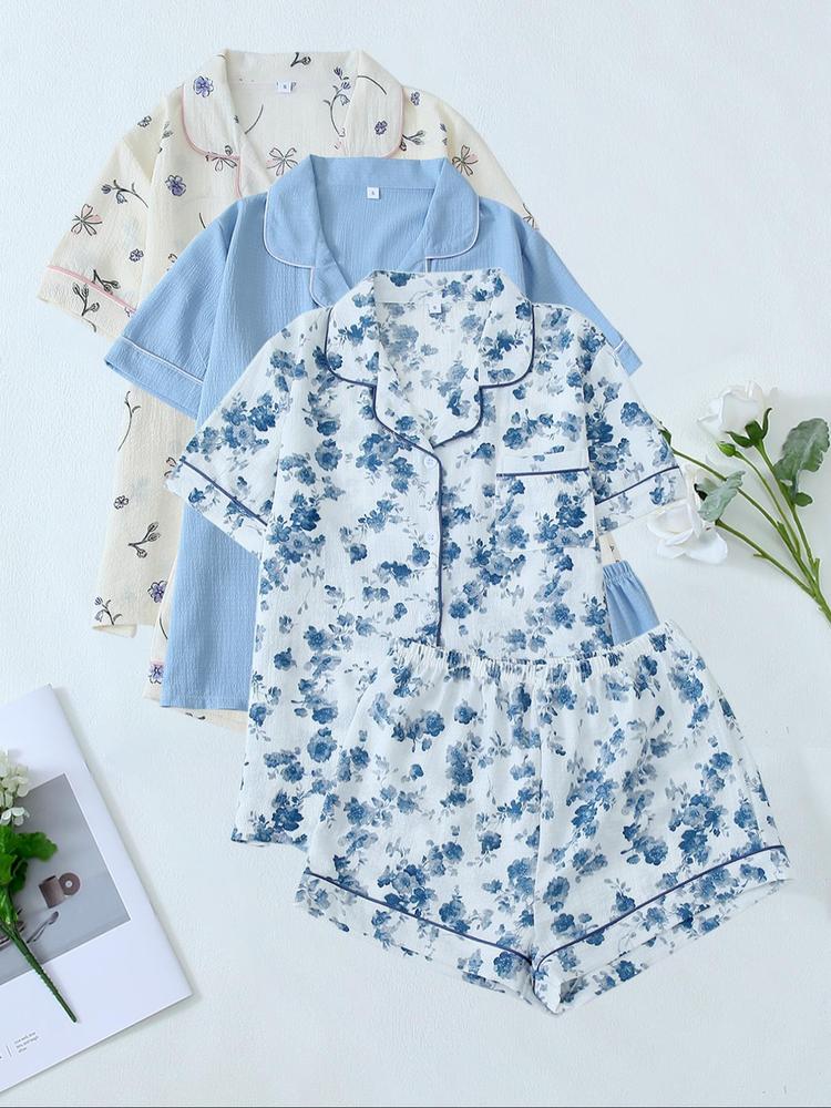 Romantic Sky Blue All over Print Pajama Set, Cute Girl Casual Home Wear Shirt & Elastic Waist Shorts Sleepwear, Summer Nightwear